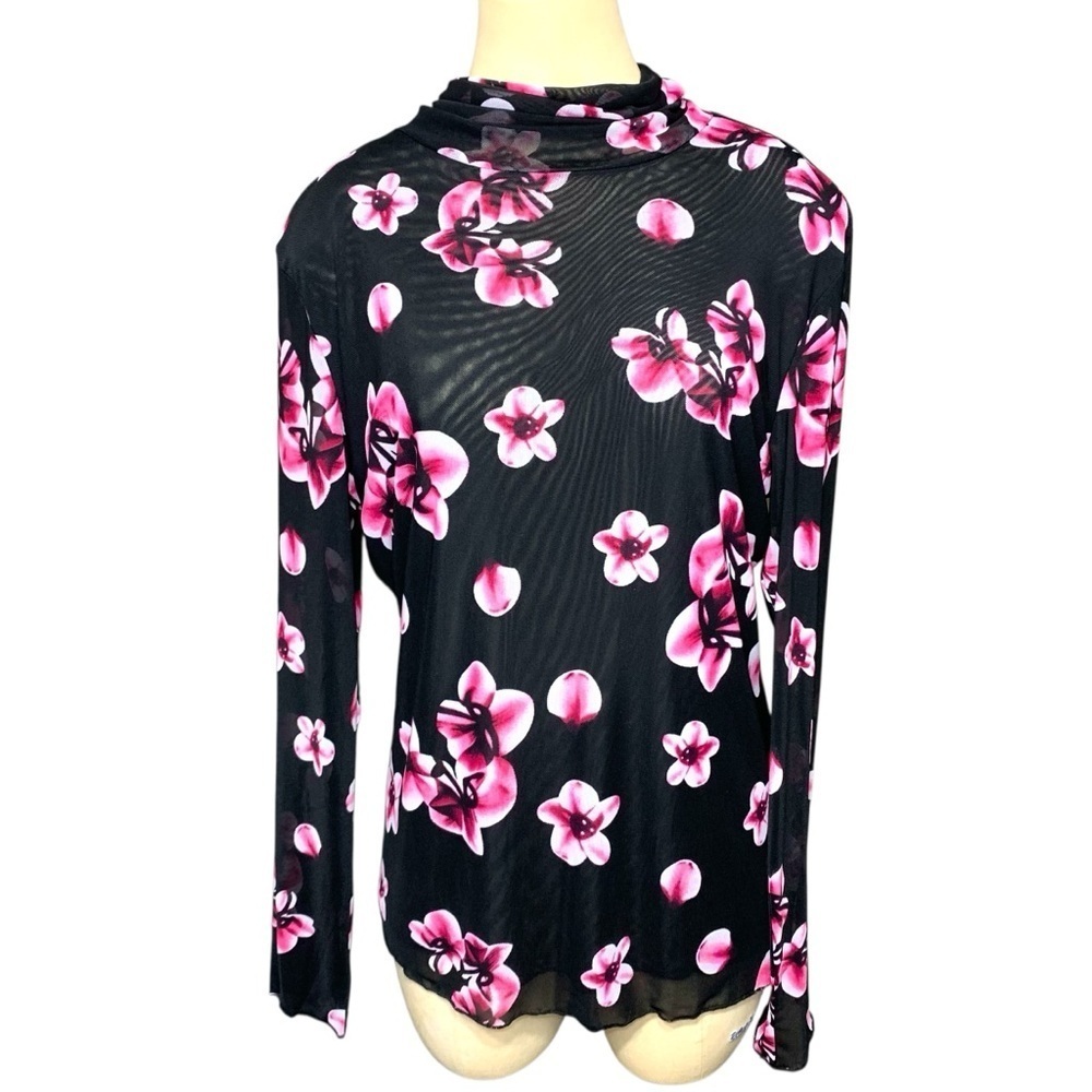 Tristan Black Mesh Sheer Top Pink Floral Long Sleeve Tee Shirt Sz L Feminine